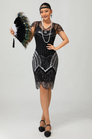 Preto prata Gatsby Sequins vestido curto dos anos 1920 com franjas